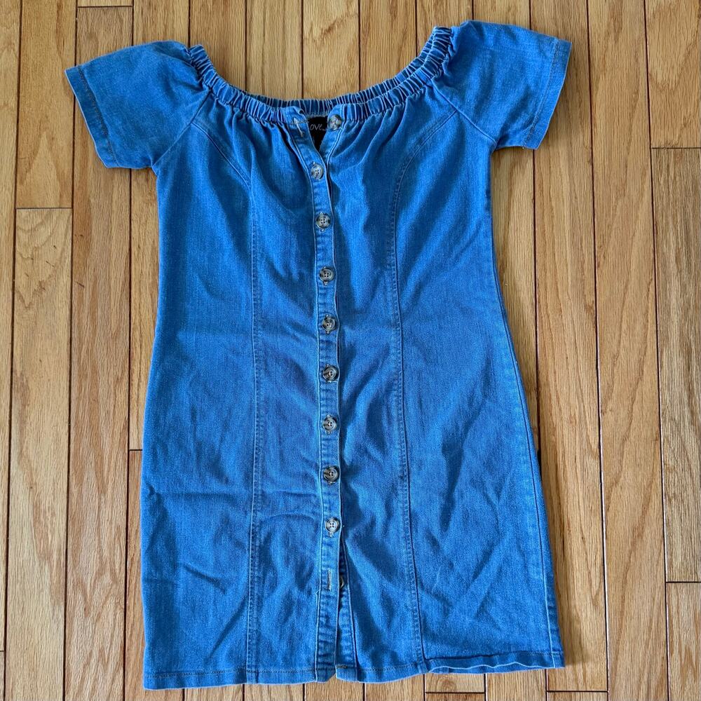 Love by Chesley M Blue Denim Button Down Off Shoulder Dress Elastic Waist - Picture 2 of 10
